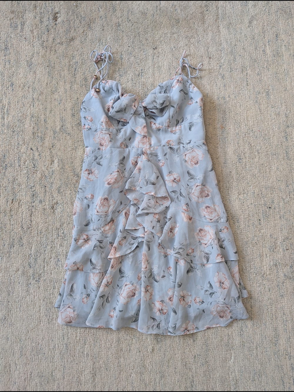Light Blue Floral Ruffle Mini Dress with Spaghetti Straps